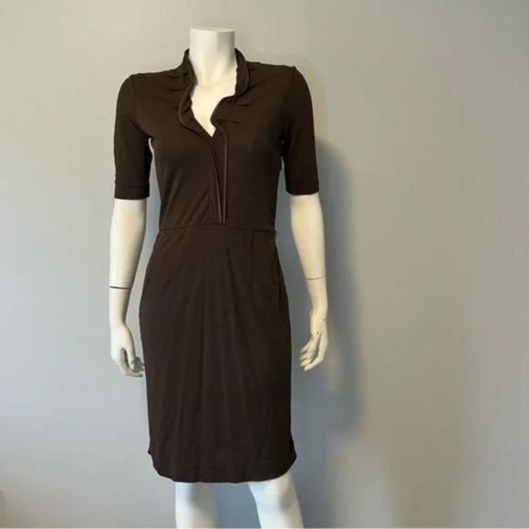 Hugo Boss Rich brown ruffle neckline fitted dress size small - Picture 1 of 7